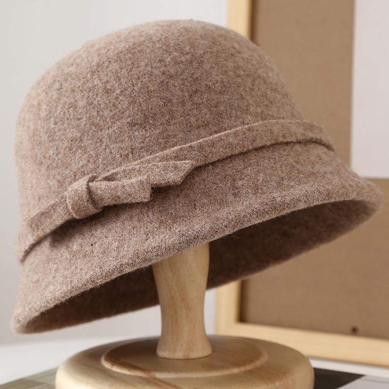 Hepburn style wool bucket hat female French retro autumn and winter temperament elegant daughter celebrity versatile bow basin