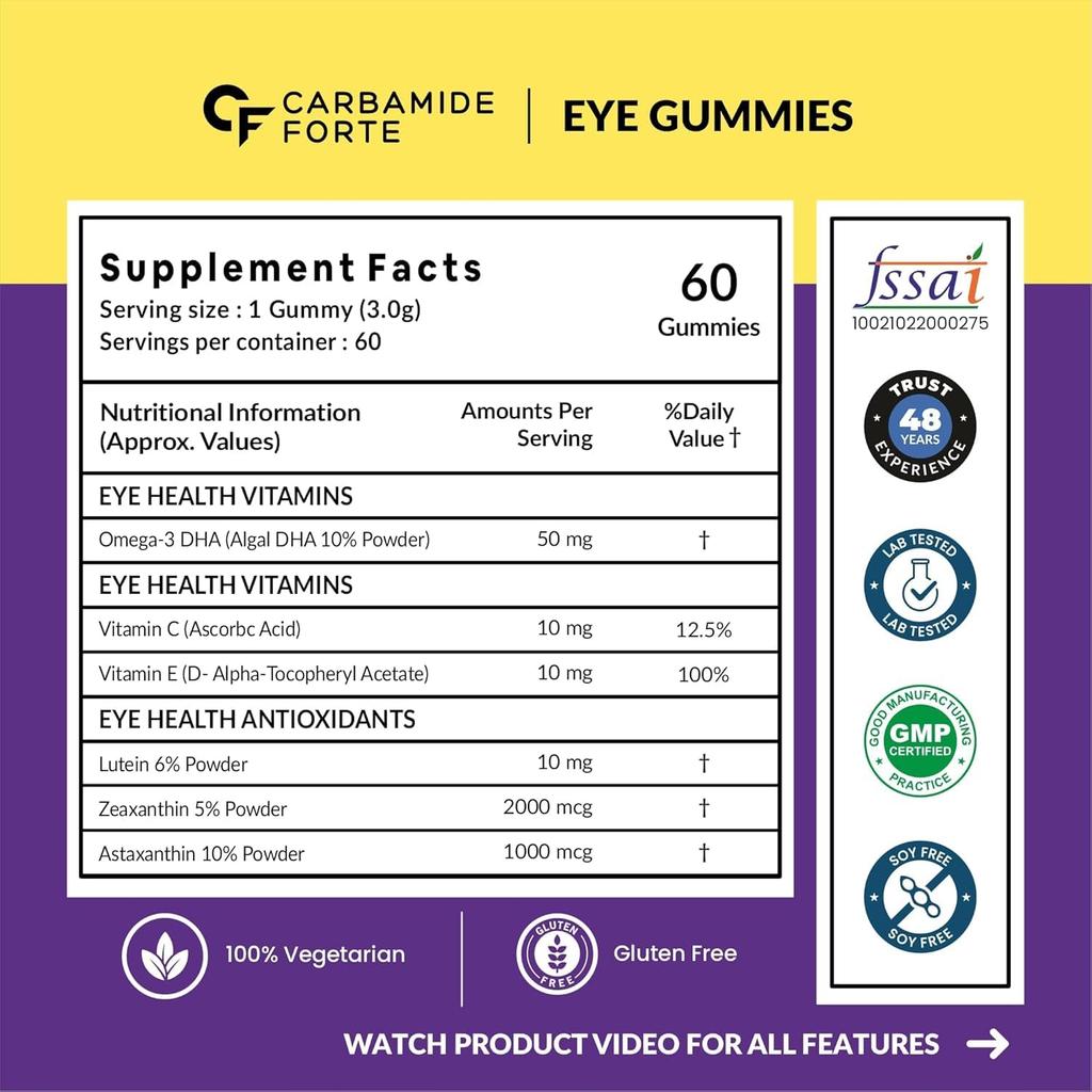 Carbamide Forte Eye Supplement Gummies 60 Pack | Lutein Zeaxanthin Astaxanthin Veg DHA for Clear Vision