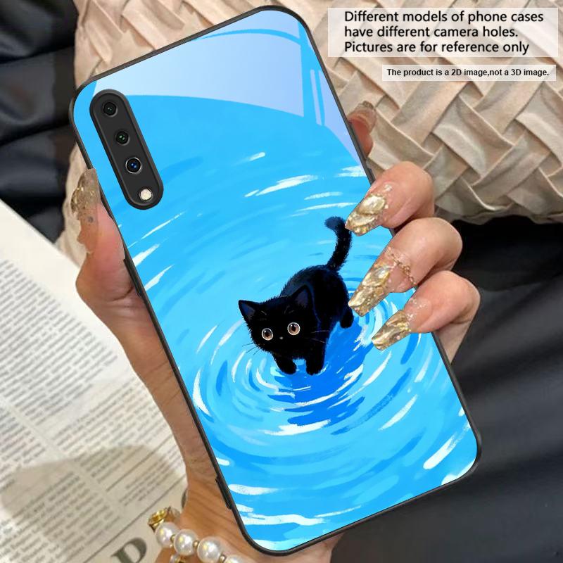 Котёнок в голубой воде Для Samsung Galaxy A50 A52 A52s A53 A54 A55 A56 A51 A80 A70 A71 A35 A34 A30 A26 A25 22 Стеклянный чехол для телефона