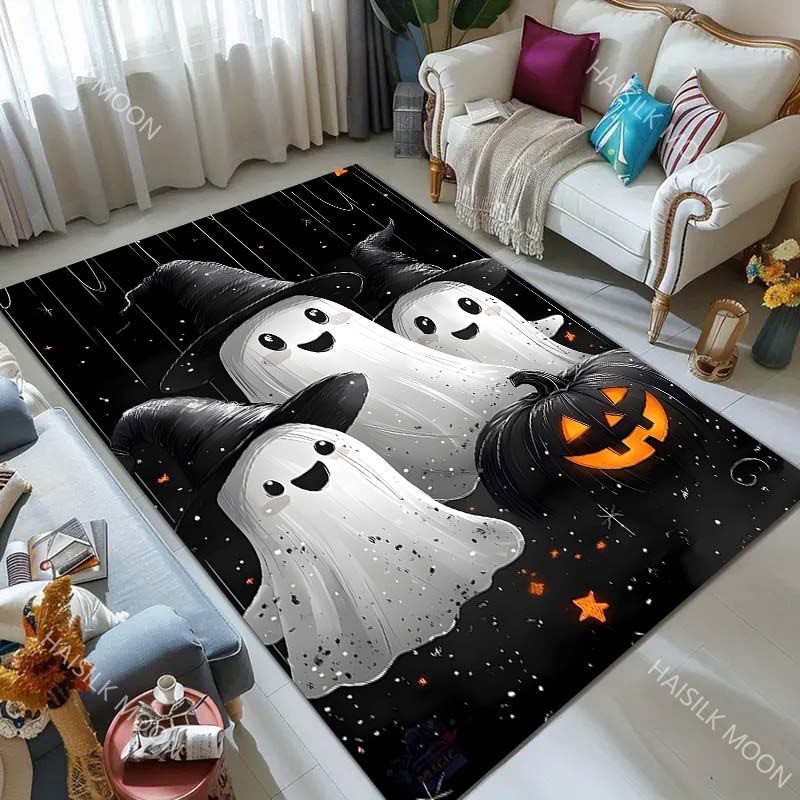 Cute Ghost Pumpkin Head Halloween Theme Carpet for Living Room Bedroom Bedside Floor Mat Cloakroom Sofa Area Rug for Gifts
