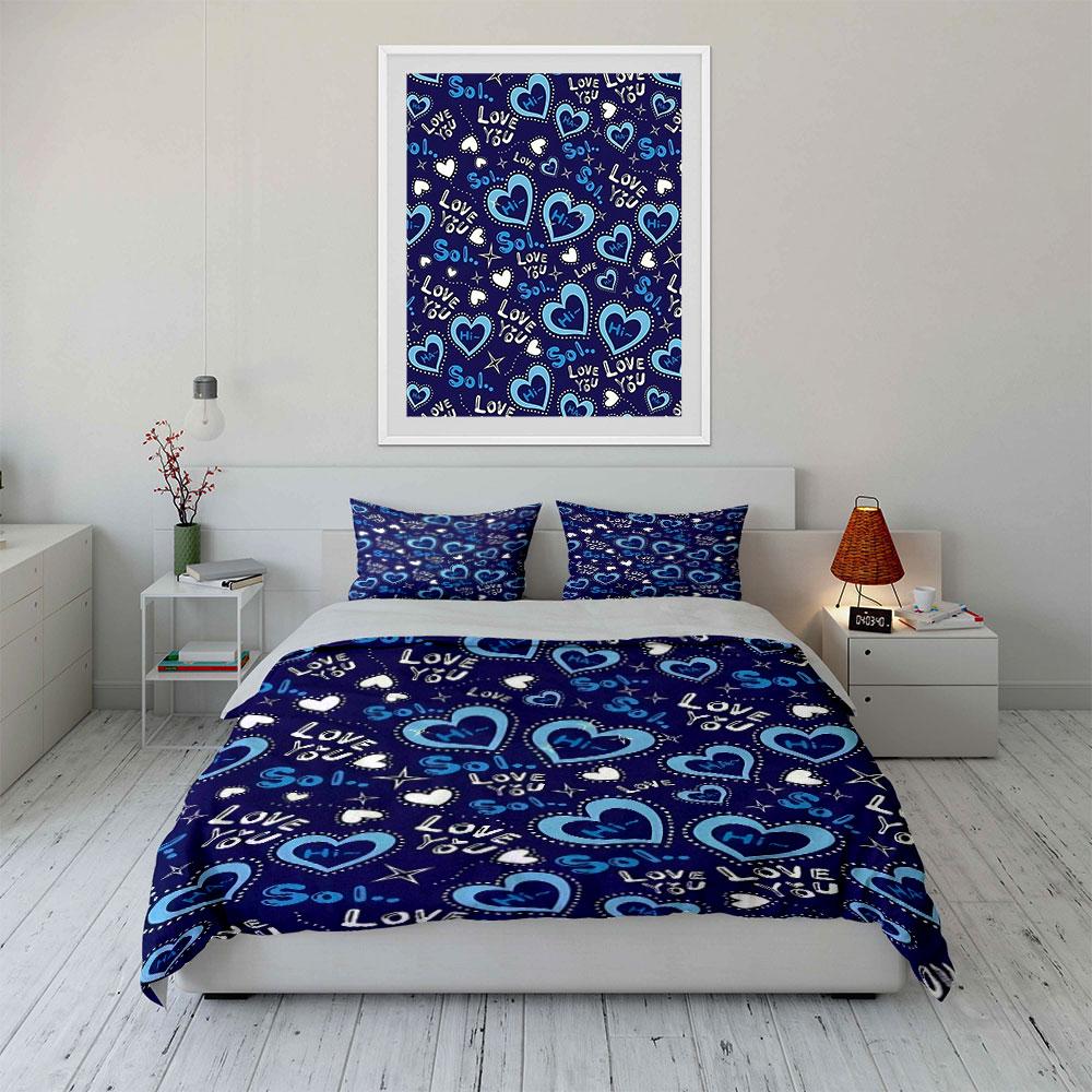 Blue Hearts "Love You" Bedding Bedding Duvet Cover Set Duvet Cover Pillowcases (1 * Duvet Cover 2 * Pillowcases, without duvet insert)