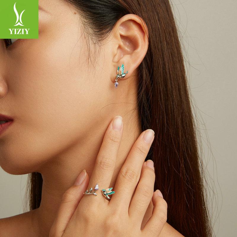 Design Drip Craft Kingfisher Stud Earring Set, Colorful Bird S925 Sterling Silver Jewelry