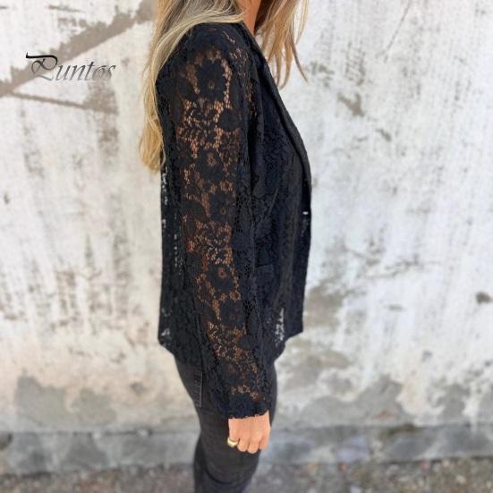 Женский пиджак с кружевным дизайном, лацканами, длинным рукавом, однотонный, элегантный пиджак, деловая верхняя одежда, повседневная одежда