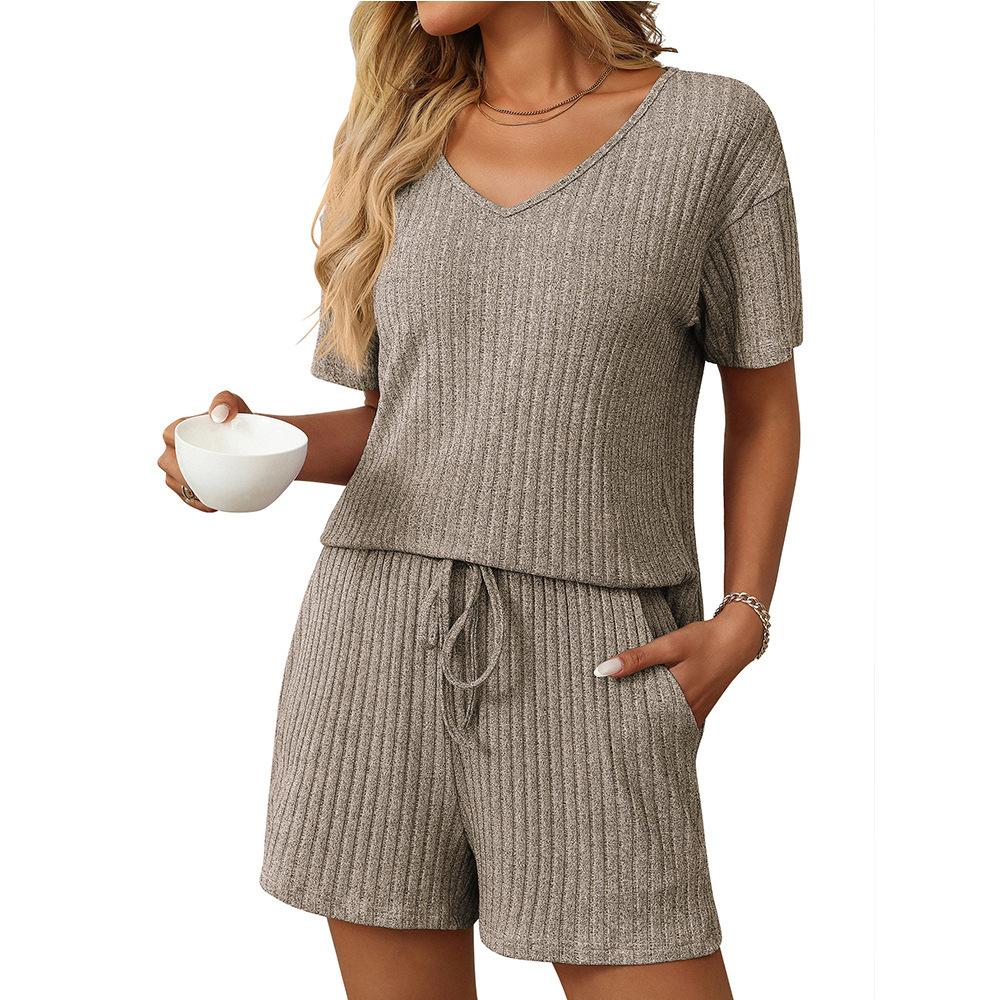Women's Fashion Solid Colour V-Neck Short-Sleeved Shorts Home Leisure Pajamas Two-Piece Set