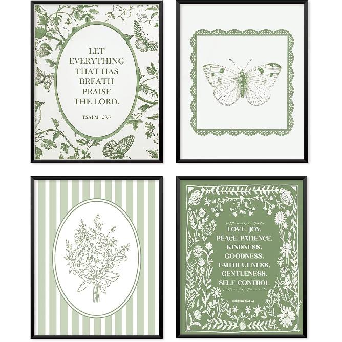 Locomiss Green Christian Wall Art Posters, Vintage Butterfly Bible Verse Prints, pirational Jesus Scripture Art Wall Decor, Botanical Floral Bible