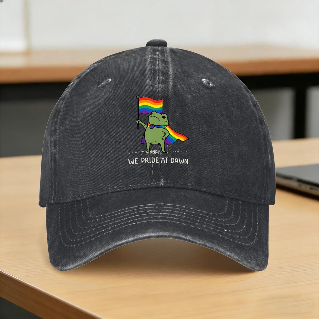 Funny Frog We Pride At Dawn Rainbow Flag LGBT Pride Month Baseball Cap Sun Outdoor Breathable Washed Trucker Hat Snapback Cap