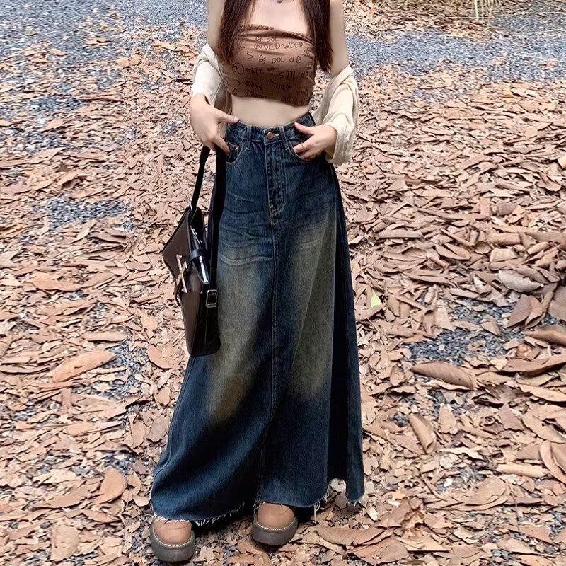 2407 Женская джинсовая юбка А-силуэта, потертая, стираная - Ретро, узкая, длинная, для весны и осени