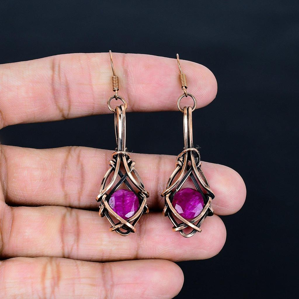 Ruby Earrings Gemstone Jewelry,  999 Copper Wire Wrapped Handmade Earrings, Latest Design Jewelry