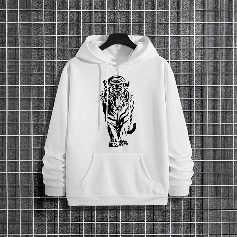 2025 New Fashion Hip Hop Hooded Sweatshirt Male Trendy Casual Autumn Winter Hoody Tiger Print Urban Street Style Hoodies for Men