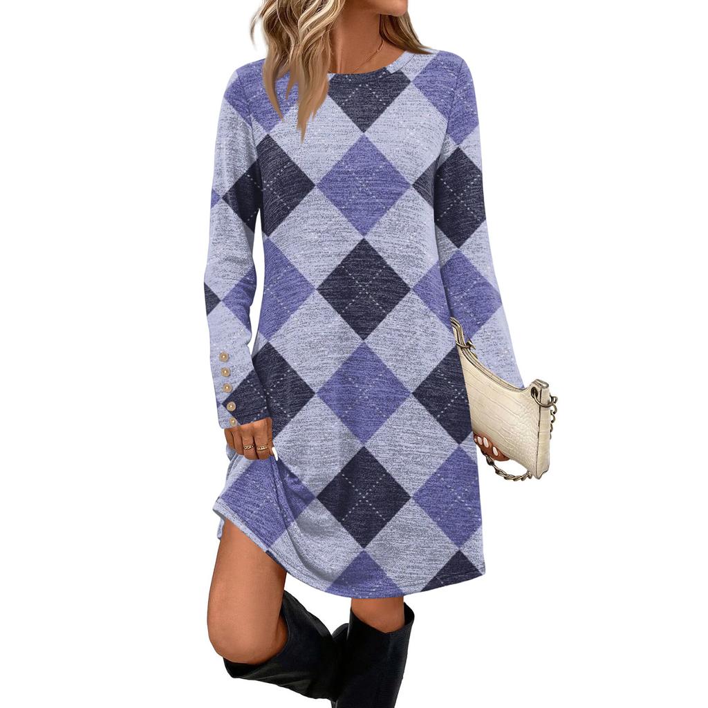 Женское модное повседневное платье с карманами, декоративными пуговицами, круглым вырезом и длинными рукавами