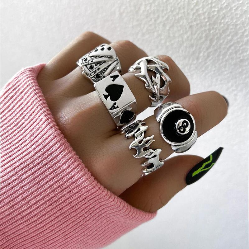 Punk Gothic Poker Ring Set for Women Vintage Spades Ace Silver Color Plated Retro Rhinestone Charm Billiards Ring Finger Jewelry