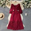 Women Spring Summer French Elegant Long Dress Long Sleeved Pleated Ladies Slim A-line V-neck Party Dresses