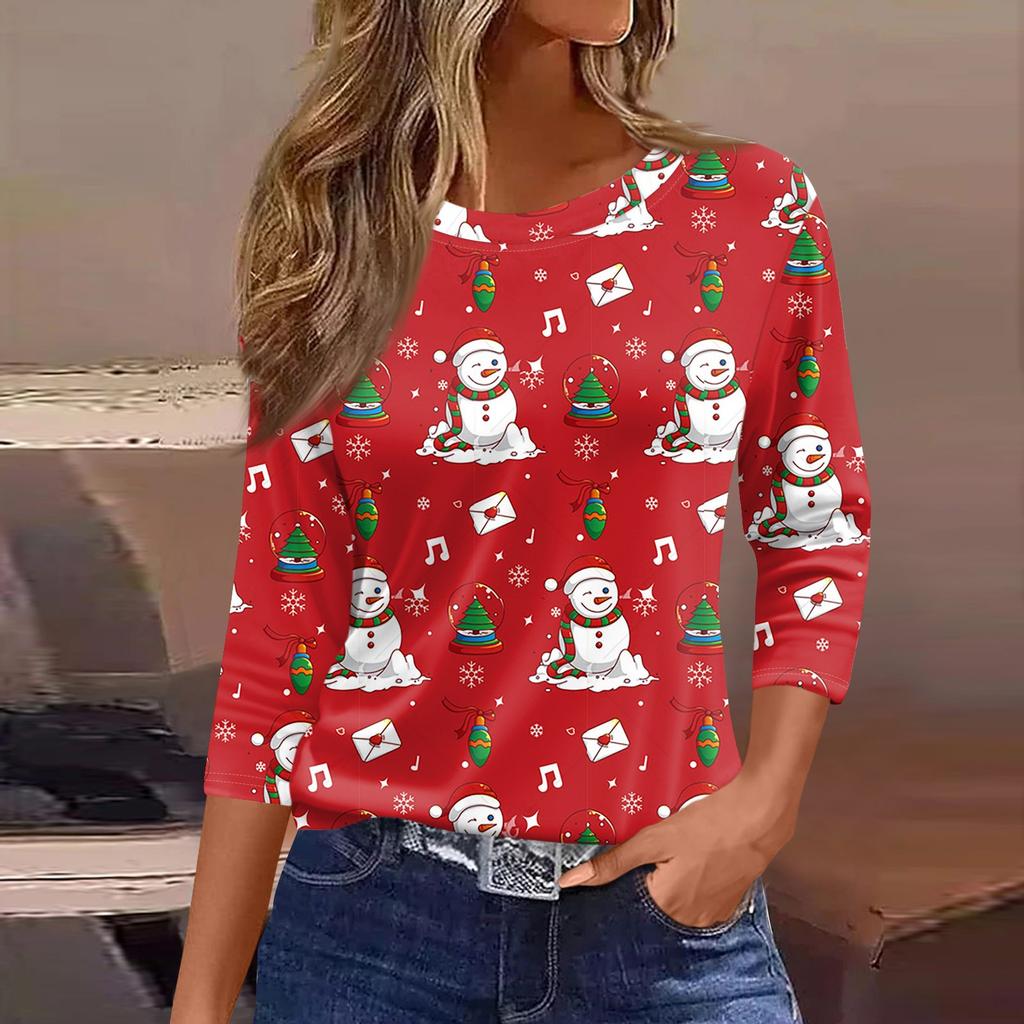 Женские топы, рубашка с семью рукавами, свободная футболка с круглым вырезом и принтом рождественского снеговика и елки