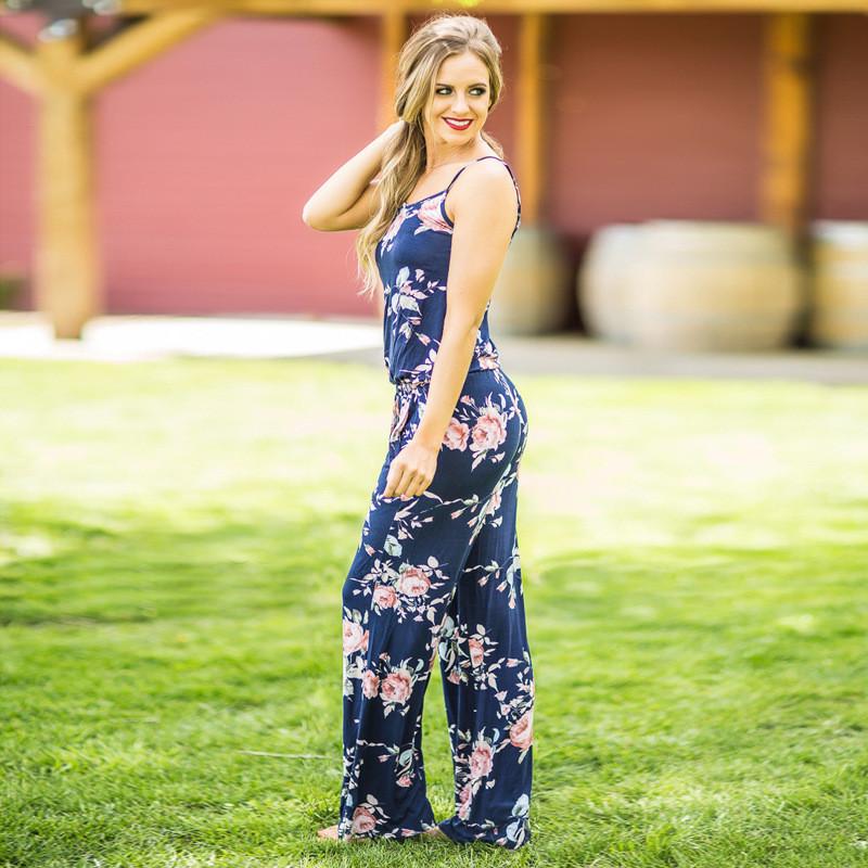 Floral Women Summer Long Wide Leg Pants Strappy Casual Beach Jumpsuit Romper Us