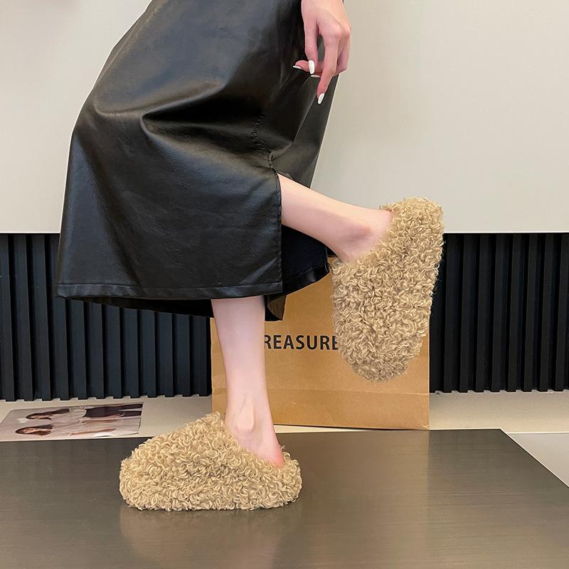 Простая повседневная универсальная сумка, тапочки с закрытым носком, женские, новая коллекция осень-зима 2025, уличная обувь, ленивые пушистые туфли на толстой подошве, одинарные туфли