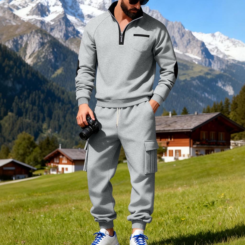 Men's Winter Fleece Multi Pocket Zipper Sweatshirt 2 Piece Set Personalized Sweatpants