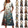 Women's Fashion Casual Loose Printed Round Neck Pocket Short Sleeve Dresses