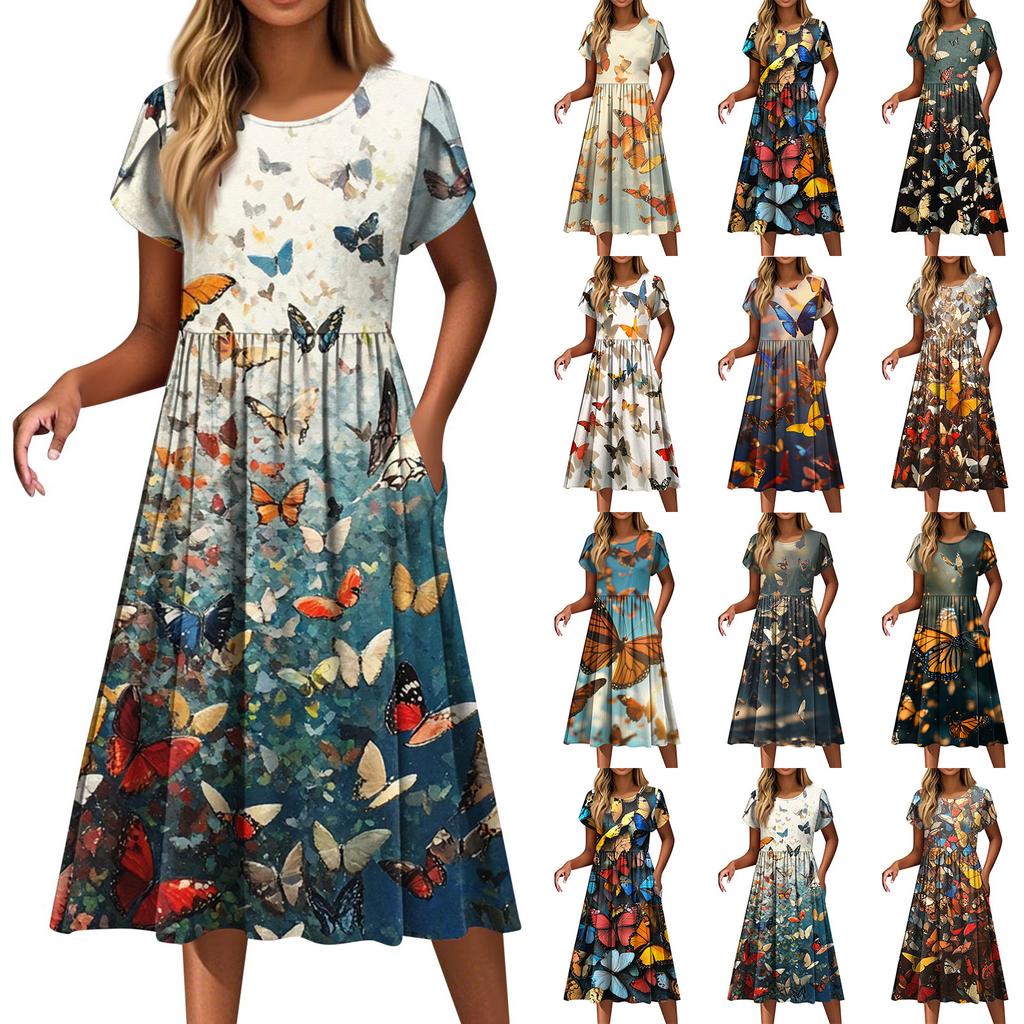 Women's Fashion Casual Loose Printed Round Neck Pocket Short Sleeve Dresses