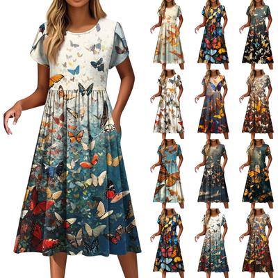 Женские модные повседневные свободные платья с круглым вырезом и карманами с коротким рукавом