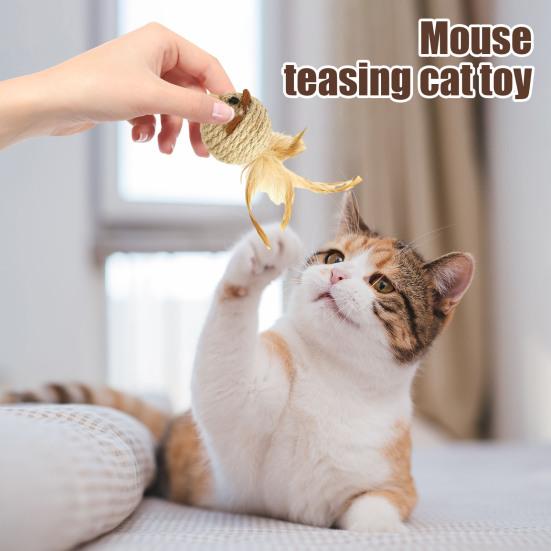 Natural Sisal Toy for Cats Handwoven Sisal Balls Mice Toys with Feather/Bell Interactive Cat Scratcher Chew Toy for Kitten Kicker