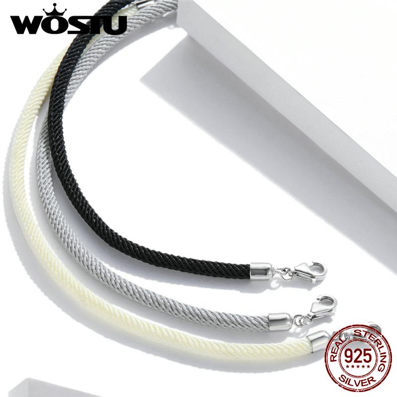 WOSTU 100% Настоящее Серебро 925 Пробы Красный Черный Серый Белый Шнурок Браслет Классический Счастливый Браслет Подходит для Бусин Шармов DIY Изготовление Украшений