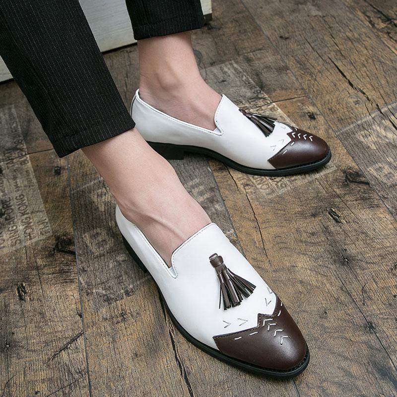 Ретро Мужские Черно-Белые Лоскутные Кисточки Лакированная Кожа Броги Платье Формальные Остроносые Деловые Оксфорды Свадебная Вечерняя Обувь