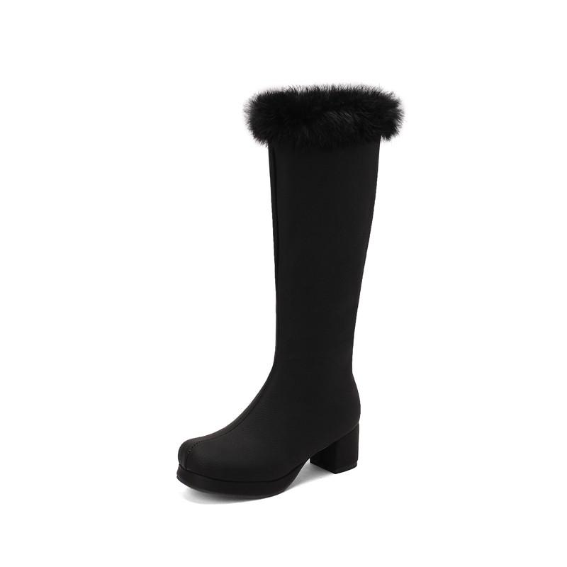 Six Colors Furry Decoration Knee High Boots Women Plus Size 33-48 Grained Pu Platform High Heel Lady Party Long Boots White Pink