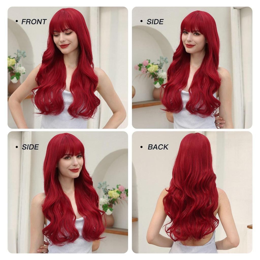 LOUIS FERRE, красный синтетический парик, длинный волнистый парик из натуральных волос с челкой для женщин, повседневные волосы, парик из термостойкого волокна