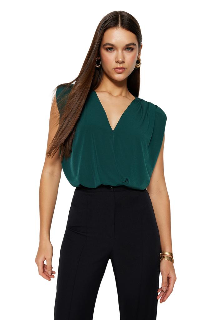 Women's Fashion New Bodysuit Emerald Padded Double Breasted Collar Flexible Snap Fastener Knitted Bodysuit