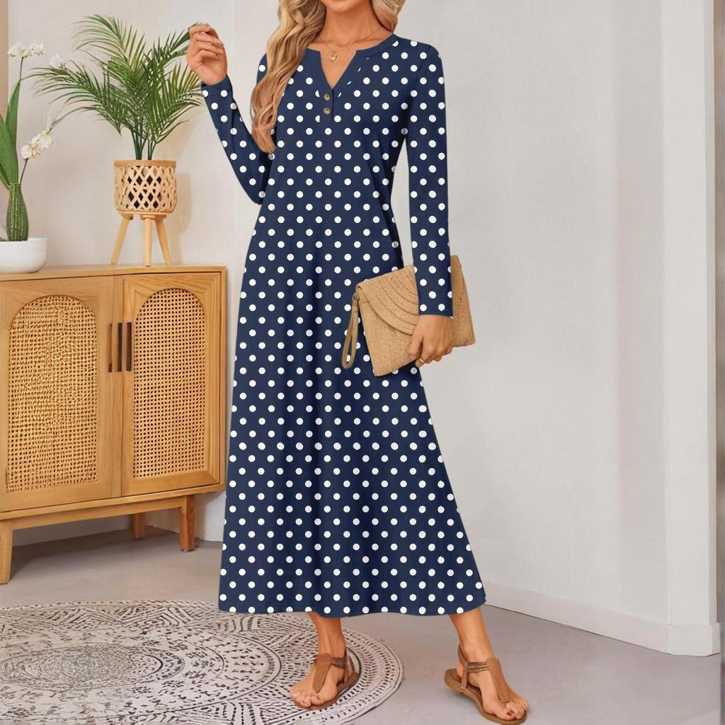 Women Polka Dot Printed Long-sleeved Comfortable Loose Dress, Elegant Dress