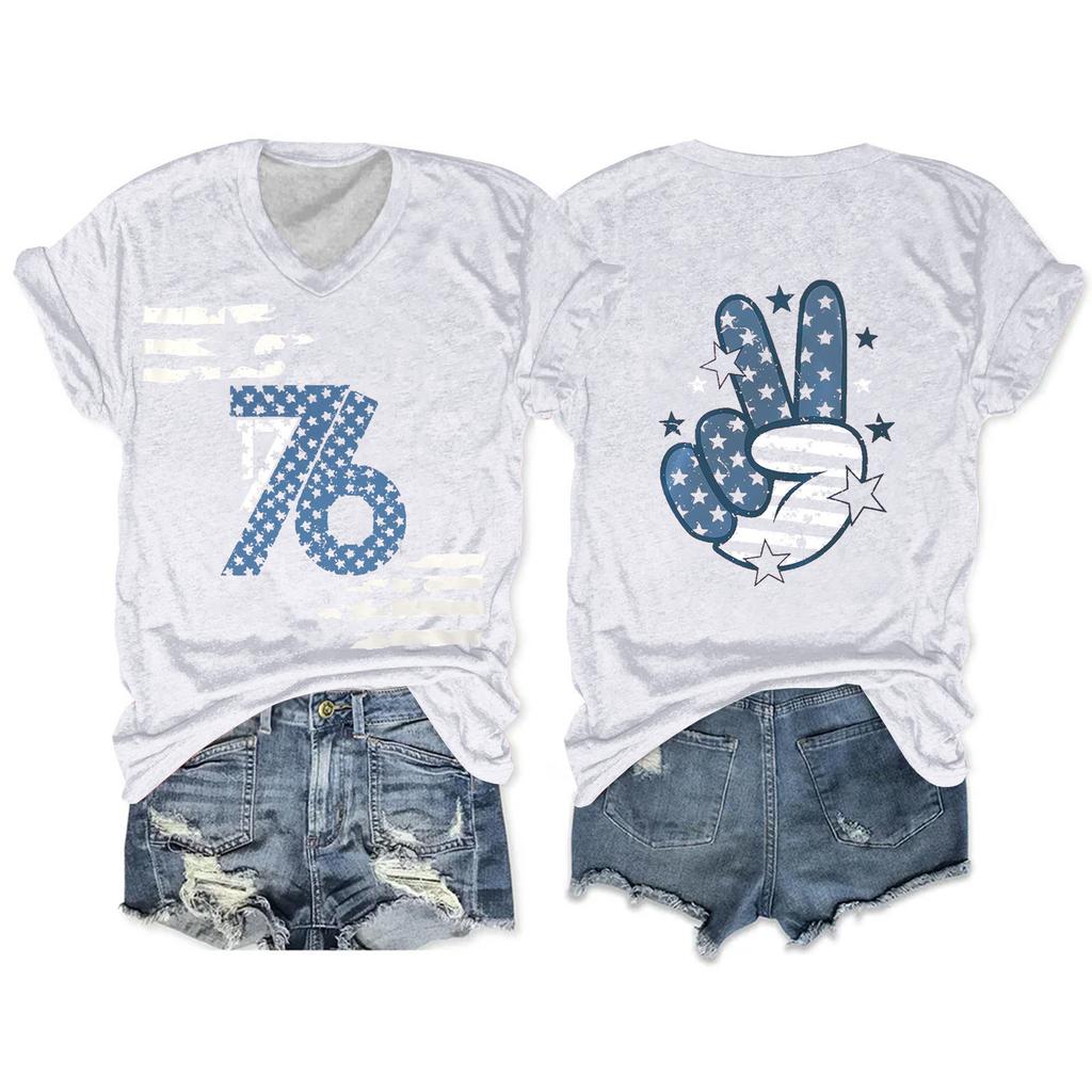 Women'S T-Shirt Casual Loose Printed V-Neck Pullover Short Sleeved Top