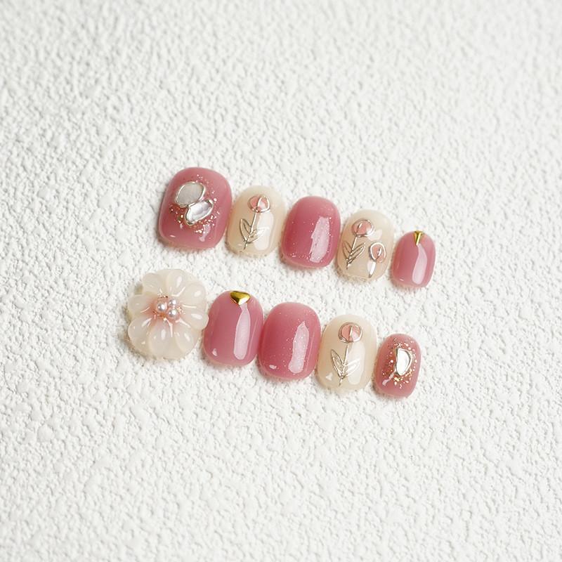 HANDMADE Artificial Nail Fake Nails Hand-Painted Tulip 3 D Flower Pink White Short Square Circle Phototherapy Nails Fake Nails Reusable