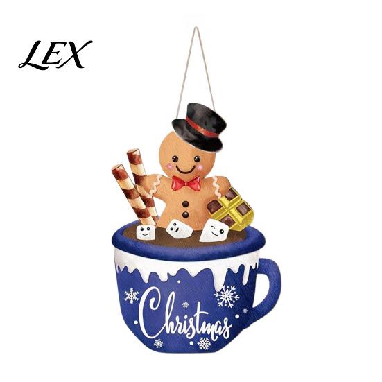 Christmas Party Theme Decor Wooden Hanging Sign, Cute Gingerbread Man Hot Cocoa Mug Welcome Door Seasonal Sign Holiday Hanger for Indoor Outdoor Front