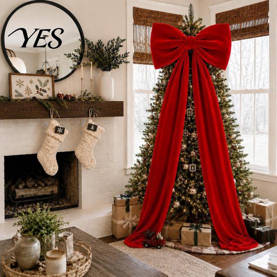 Winter Wedding Celebration Decor Large Velvet Christmas Tree Topper Bow, Giant Bow with Long Red Bows for Fireplace Streamers Room Wall Backdrop,