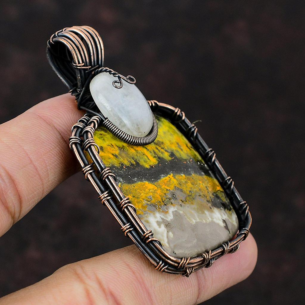 Bumble Bee Jasper Copper Pendant Copper Wire Wrapped Gemstone Jewelry Rainbow Moonstone Pendant Handmade Pendant Wire Wrap Jewelry For Gift