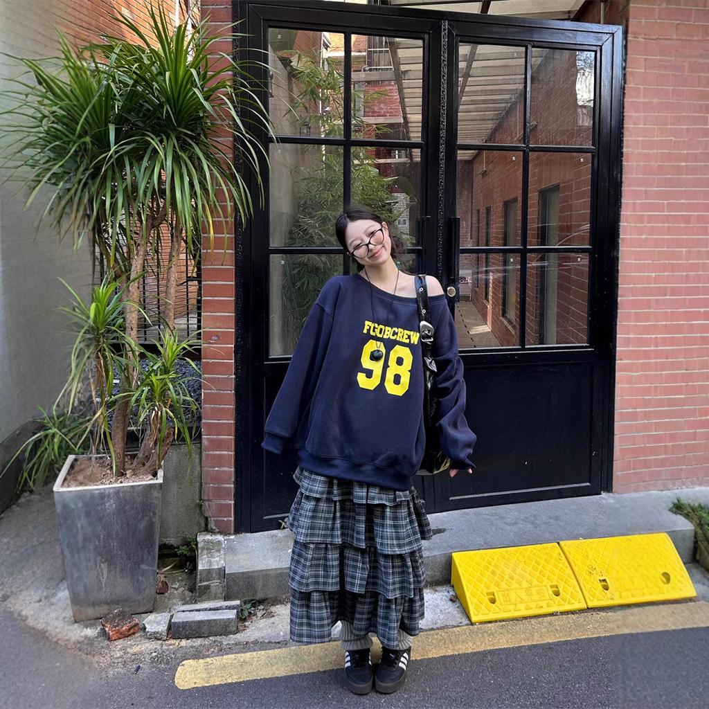 Ретро Цифровая Джерси Свободный Повседневный Плюс Бархат Спущенное Плечо Пуловер Толстовка для Женской Осени и Зимы Новый Дизайн Топ