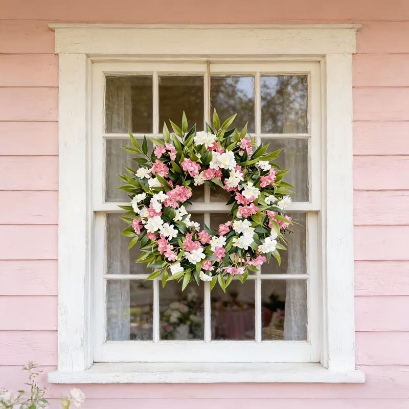 Bohemian Simulation Pink and White Flower Wreath with Branches and Leaves | Rural Farmhouse Style Plastic Flowers