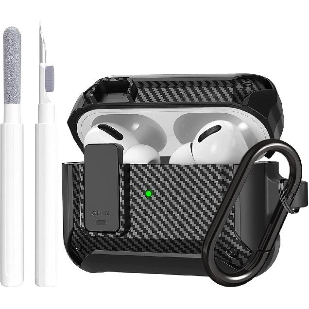 Airpods Pro 2 Case Cover Lock with Cleaner kit, Rugged Shell Military Armor Air Pod Pro 2 Case for Men with Keychain Cool Shockproof Protective Case