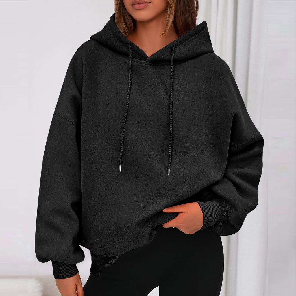 Ladies' Fashionable Solid Color Casual Hooded Pocket Long Sleeved Sweatshirt