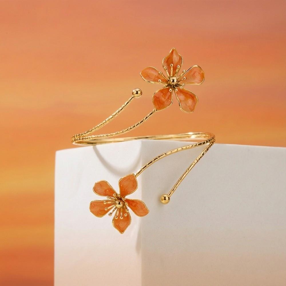 Vintage Style Enamel Flower Cuff Armlet Gold Color Open Arm Ring Special Occasion