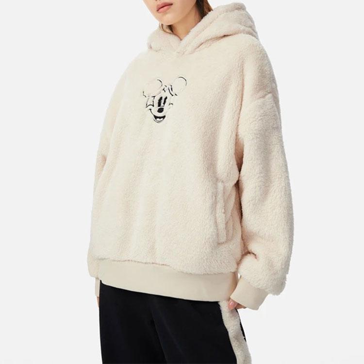 Li-Ning X Disney Co-Branded Sports Lifestyle Series Cartoon Embroidery Fleece Loose Hoodie With Plush Lining Women Tops Swan-White AWDR684-1