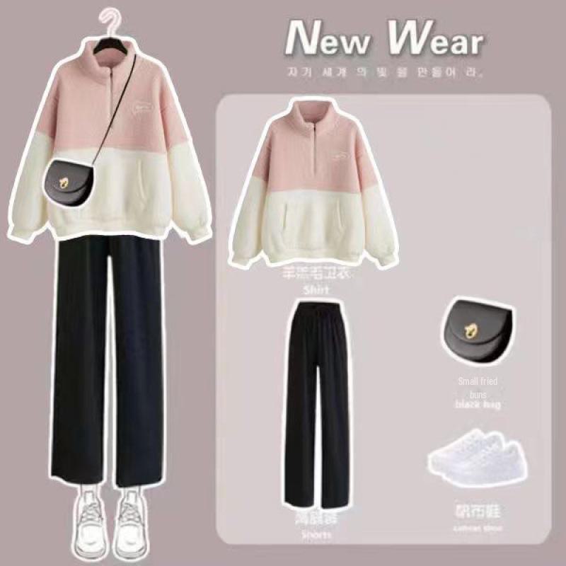 Women's Cozy Lamb Wool Two-Piece Suit: Plush Outerwear with Wide-Leg Pants for Autumn and Winter