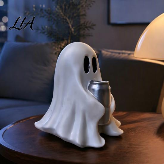 Creative Ghost Shaped Ornaments Halloween Figurine with Drinks, Resin Statue, Cute Spooky Desktop Ornament for Party Tabletop Decorations And Holiday