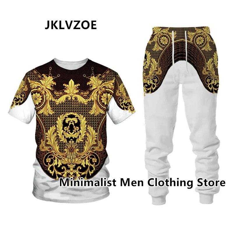 Мужской спортивный костюм, элитный бренд, футболка с коротким рукавом + длинные брюки, комплект из 2 предметов с золотистым 3D принтом, спортивная одежда для бега, повседневная уличная одежда