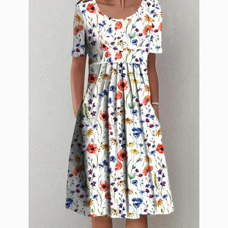 Весенне-летнее повседневное платье больших размеров с цветочным принтом для женщин, элегантное свободное длинное платье трапециевидной формы, женские платья с карманами и круглым вырезом 24063