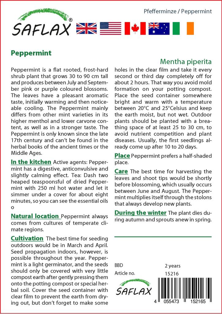 SAFLAX Garden in the Bag - Мята перечная - 300 семян - С субстратом в удобном стоячем пакете - Mentha piperita