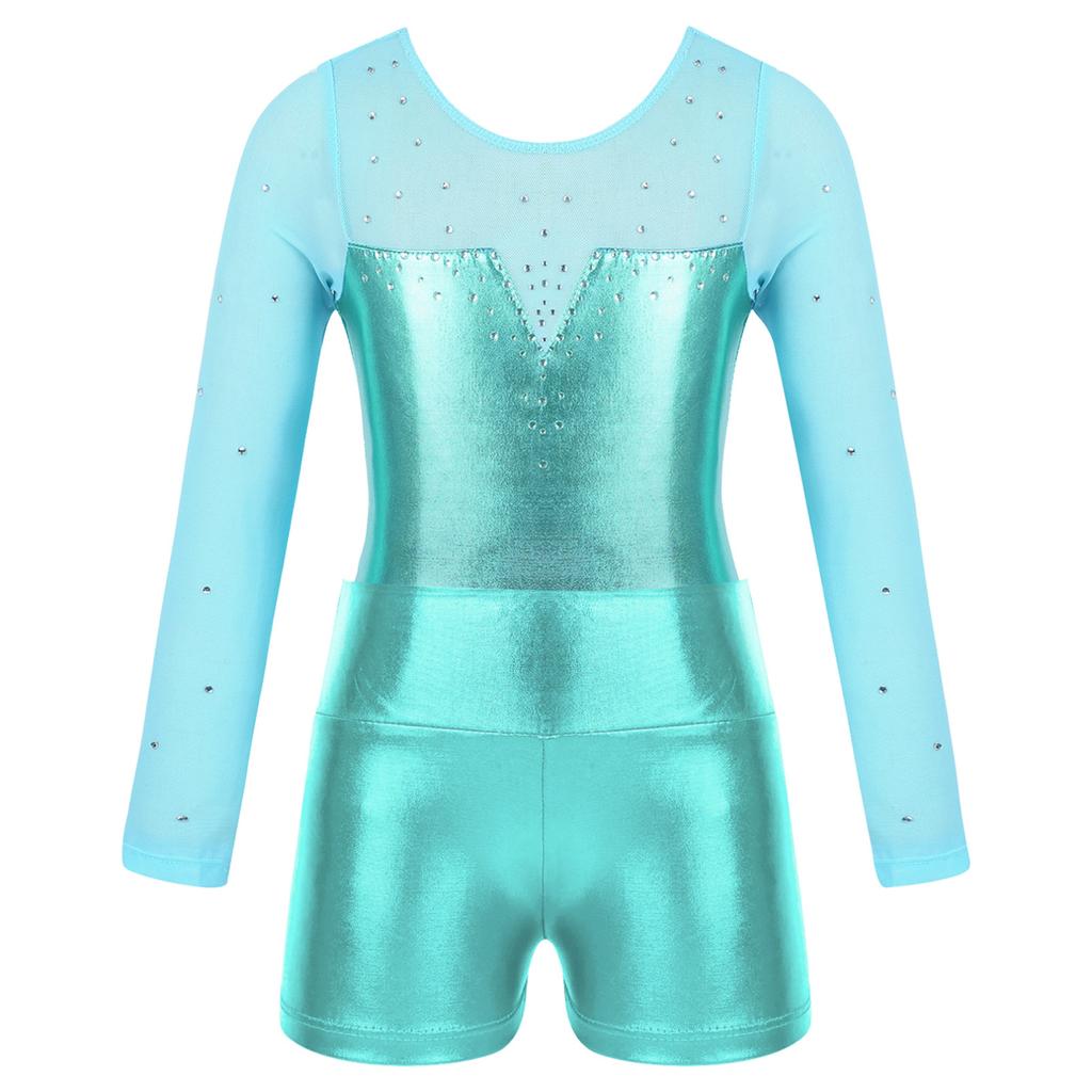 Детский блестящий спортивный танцевальный купальник металлик с длинными рукавами для девочек и шорты, наряды, балетный комбинезон, велосипедки, танцевальная одежда