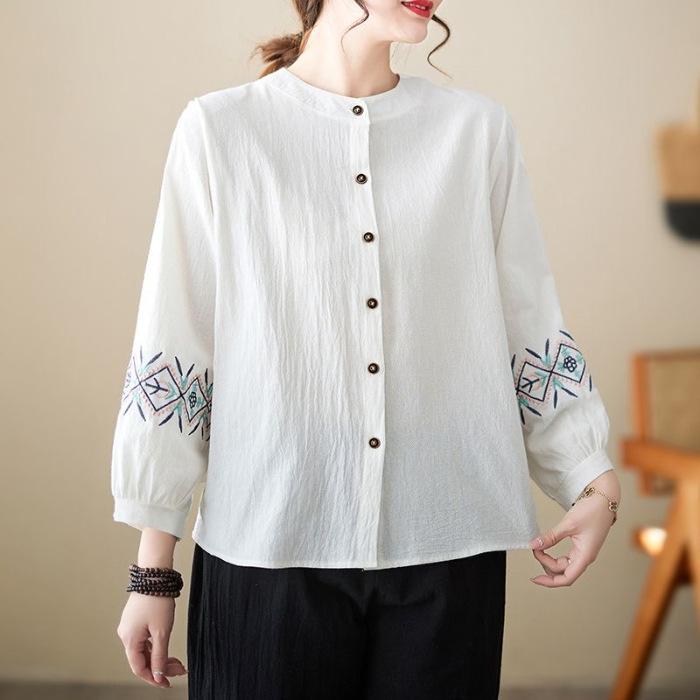 Стильная Свободная блузка с вышивкой в стиле фольклор, весна-осень, однобортная, базовая женская одежда, винтажная повседневная рубашка с круглым вырезом и длинными рукавами
