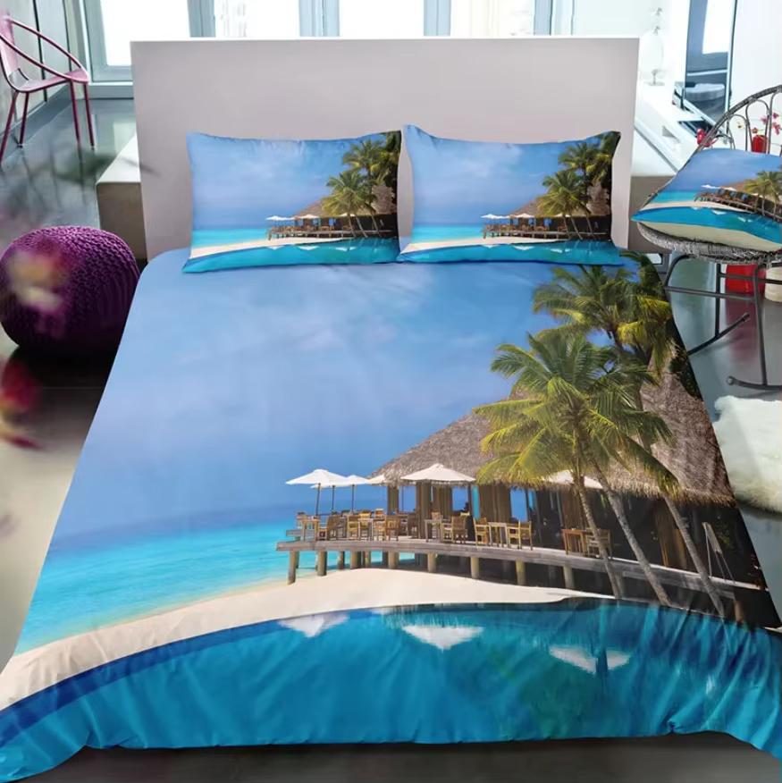 3D Digital Printed Beach Duvet Cover Modern Natural Bedding Set Coconut Grove Summer Bedroom Bed Cover Pillowcase 3-Piece Set