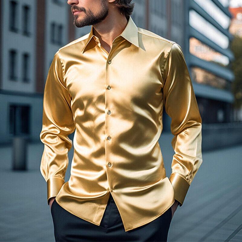 Мужская рубашка размера плюс S-XXL, шелковая атласная гладкая мужская однотонная деловая рубашка-смокинг, мужская повседневная приталенная блестящая золотая свадебная классическая рубашка